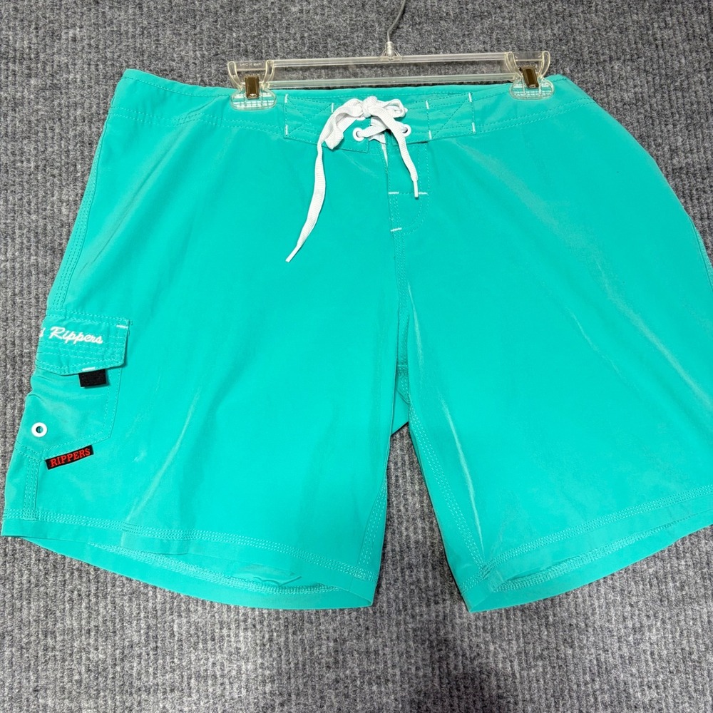 Maui Rippers Mens Board Shorts Teal Green Stretch Cargo Pocket Sz 16 Surf Swim